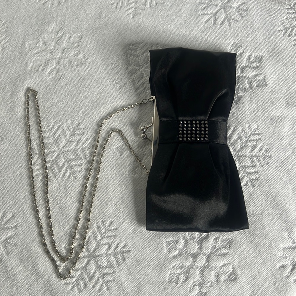 Vintage, Evening bag, Clutch, Black, Satin, Rhinestone, Purse, Shoulder bag, NEW